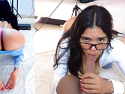 latina in sexy pose jerking and gobbling