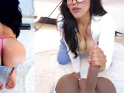 latina in sexy pose jerking and gobbling